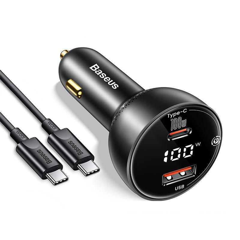 Baseus 100W Car Charger USB C Dual Port PD QC 3.0 Fast Charging - product variant black side angled view charger and cable - b.savvi