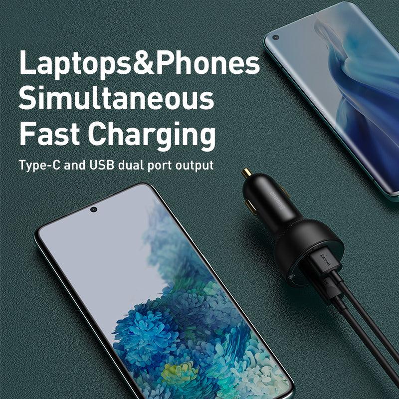 Baseus 100W Car Charger USB C Dual Port PD QC 3.0 Fast Charging - product details laptops phones simultaneous - b.savvi