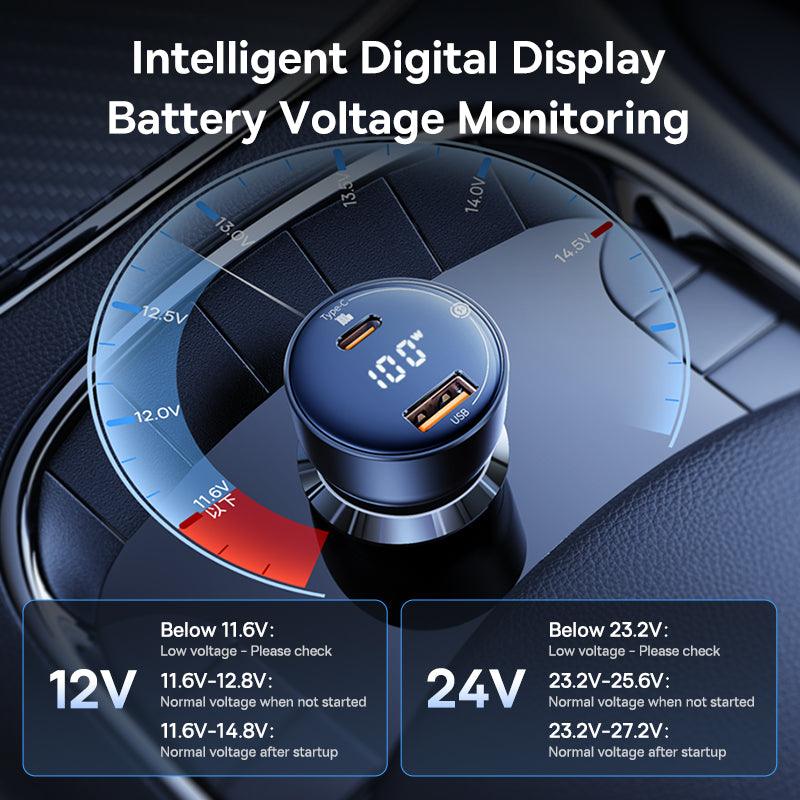 Baseus 100W Car Charger USB C Dual Port PD QC 3.0 Fast Charging - product details digital display - b.savvi