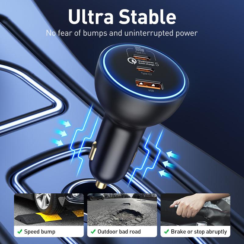 Baseus 160W Car Charger USB C 3 Port PD QC 5.0 Fast Charging - product details ultra stable - b.savvi