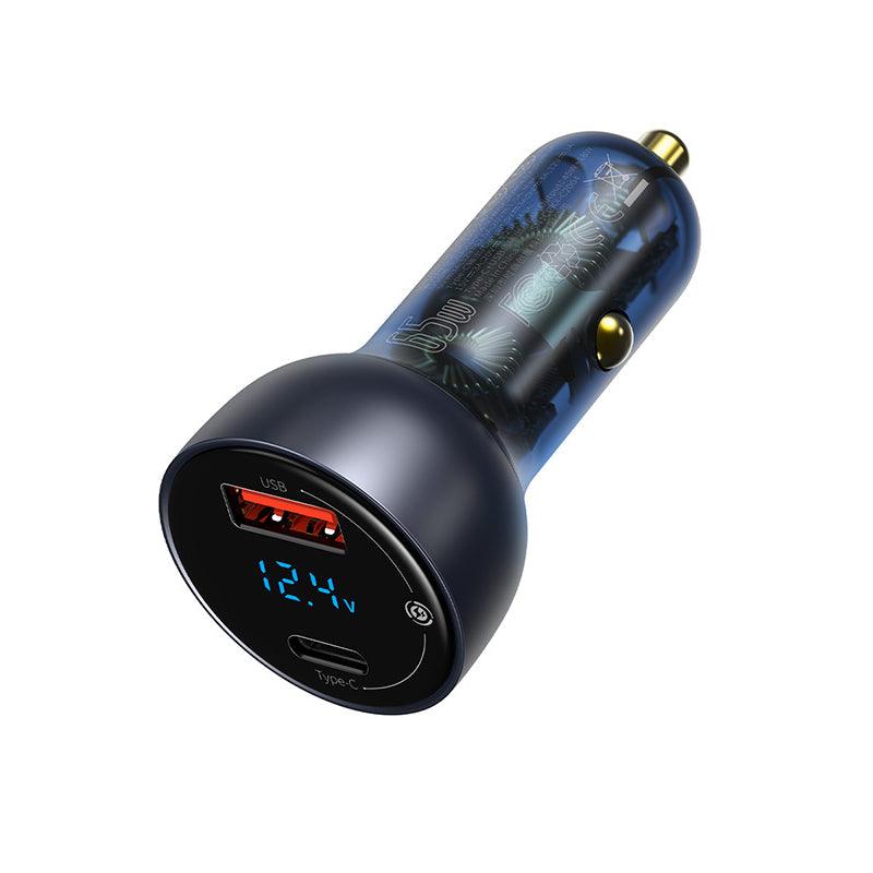Baseus 65W Car Charger USB C 2 Port PD QC 4.0 Fast Charging - product main dark grey side angled view - b.savvi