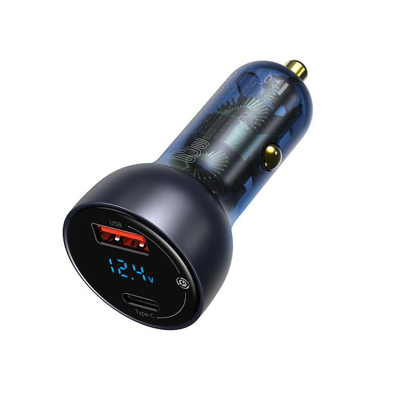 Baseus 65W Car Charger USB C 2 Port PD QC 4.0 Fast Charging - product variant dark grey side angled view charger only - b.savvi