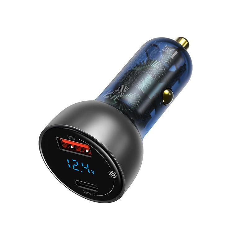 Baseus 65W Car Charger USB C 2 Port PD QC 4.0 Fast Charging - product variant light grey side angled view charger only - b.savvi