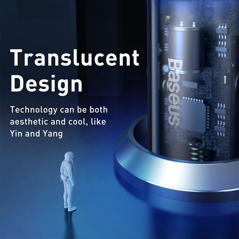 Baseus 65W Car Charger USB C 2 Port PD QC 4.0 Fast Charging - product details translucent design - b.savvi