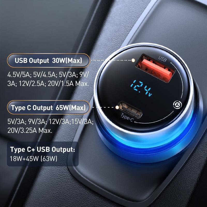 Baseus 65W Car Charger USB C 2 Port PD QC 4.0 Fast Charging - product details outputs - b.savvi