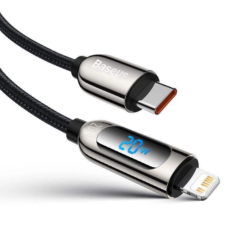 Baseus LED Display USB C to Lightning 20W PD Braided Cable Fast Charging - product main black front angled view - b.savvi