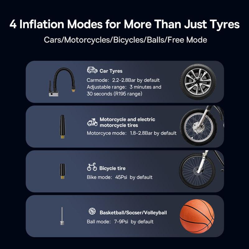 Baseus Tyre Inflator Portable Car Air Compressor 250W Dual Cylinder Pump 6000mAh - product details 4 inflation modes - b.savvi