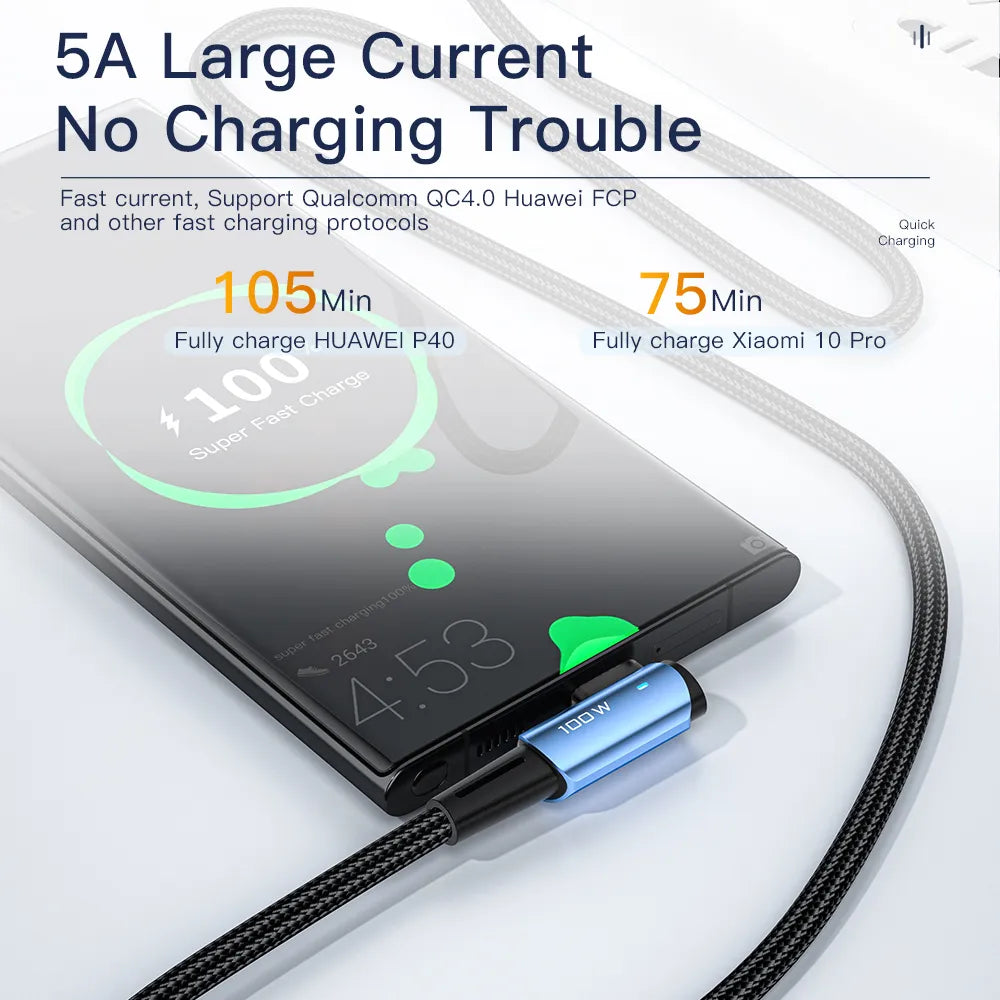 Essager USB C to USB C 90 Degree Cable 100W 5A Fast Charge - product details large current - b.savvi