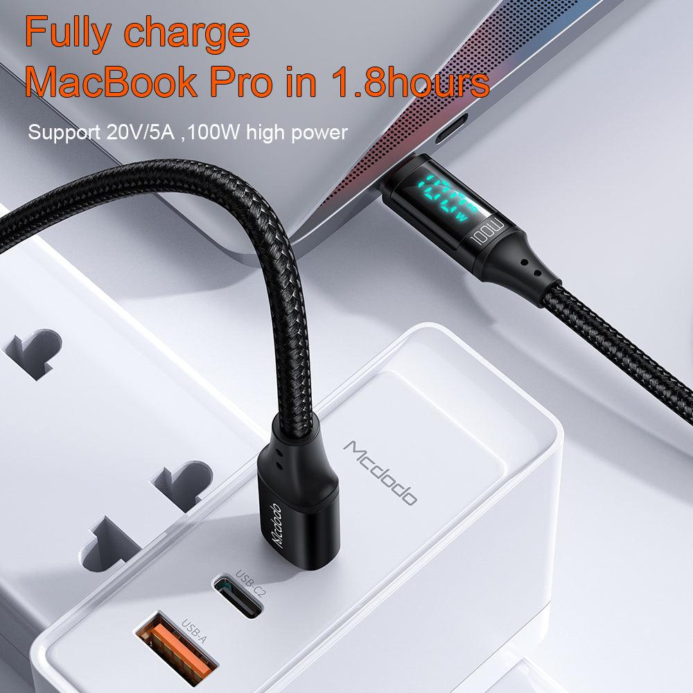 Mcdodo LED Display USB C to USB C 100W 5A PD Cable - product details fully charge macbook pro 1.8 hours - b.savvi