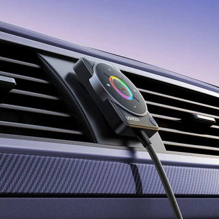 Car air vent with a smartphone holder attached, displaying colorful LED lights.