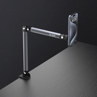 Phone holder with a smartphone on a dark surface and background