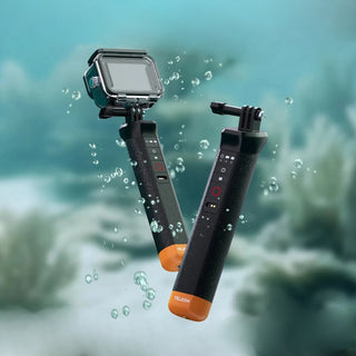 Two underwater camera stabilizers with a blurred underwater background