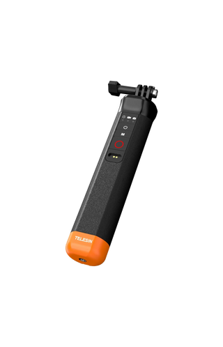 Black and orange selfie stick with GoPro mount on a white background