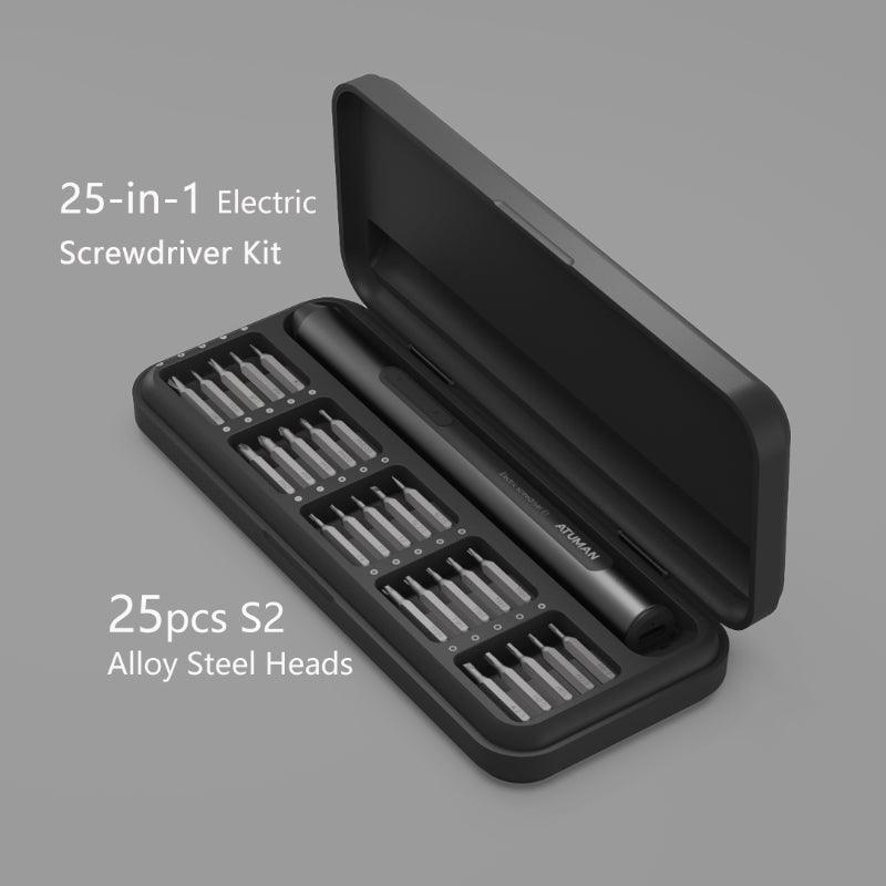 ATuMan E1 Electric Precision Screwdriver Set 25 in 1 Magnetic Driver Bits - product grey front angled view - b.savvi