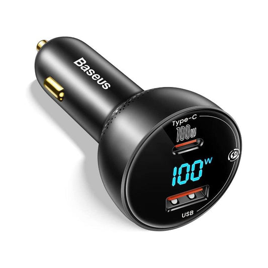 Baseus 100W Car Charger USB C Dual Port PD QC 3.0 Fast Charging - product main black side angled view - b.savvi