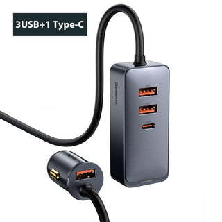 Baseus 120W Car Charger 4 Port USB PD 1.5m Extension Cable - product variant grey front angled view 3 usb 1 type c - b.savvi