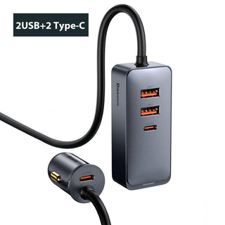 Baseus 120W Car Charger 4 Port USB PD 1.5m Extension Cable - product variant grey front angled view 2 usb 2 type c - b.savvi