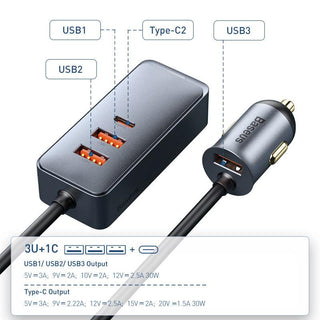 Baseus 120W Car Charger 4 Port USB PD 1.5m Extension Cable - product details 3u 1c - b.savvi