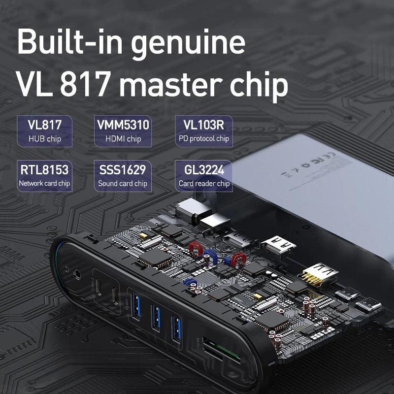 Baseus 17-in-1 USB C Docking Station 3 HDMI, 100W PD, USB 5Gbps, LAN, Card Reader - product details vl817 master chip - b.savvi