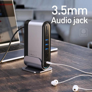 Baseus 17-in-1 USB C Docking Station 3 HDMI, 100W PD, USB 5Gbps, LAN, Card Reader - product details 3.5mm audio jack - b.savvi
