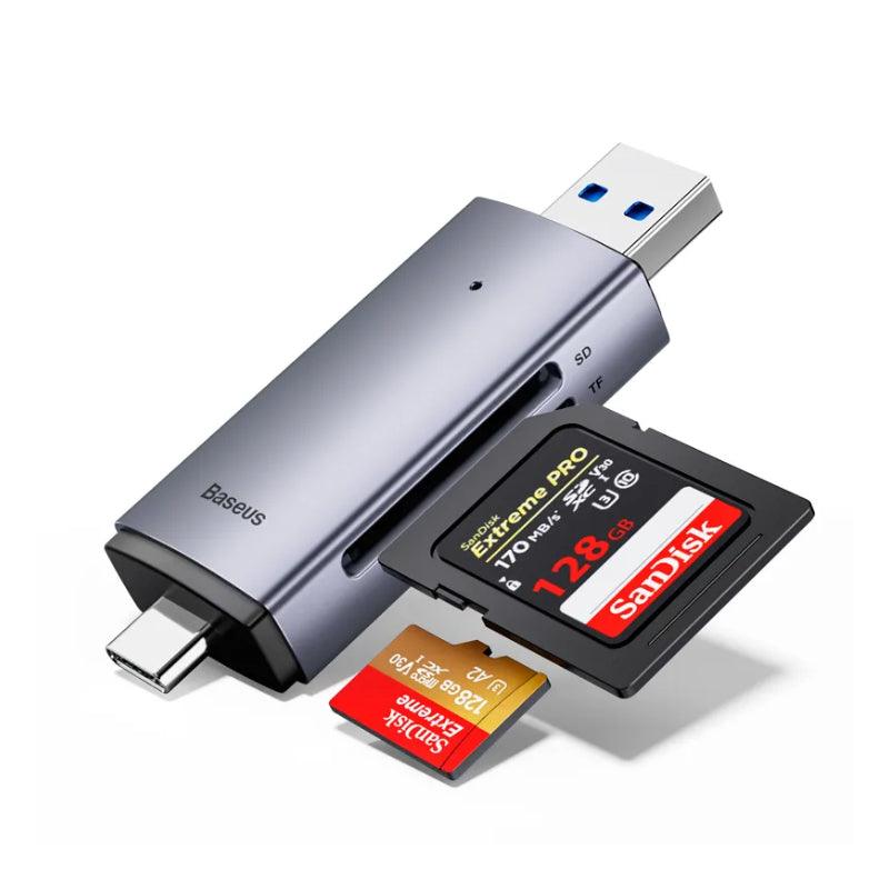 Baseus 2-in-1 SD Card Reader USB C & USB 3.0 to Micro SD TF Memory Card - product main grey front angled view - b.savvi