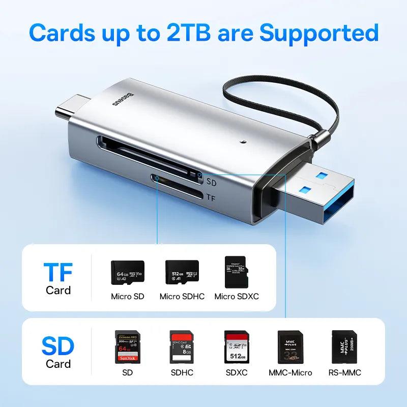 Baseus 2-in-1 SD Card Reader USB C & USB 3.0 to Micro SD TF Memory Card - product details cards up to 2tb - b.savvi