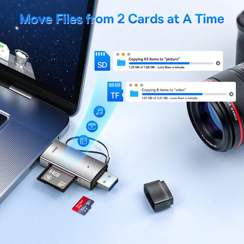 Baseus 2-in-1 SD Card Reader USB C & USB 3.0 to Micro SD TF Memory Card - product details 2 cards at the same time - b.savvi
