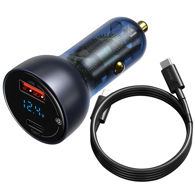Baseus 65W Car Charger USB C 2 Port PD QC 4.0 Fast Charging - product variant dark grey cable side angled view charger only - b.savvi