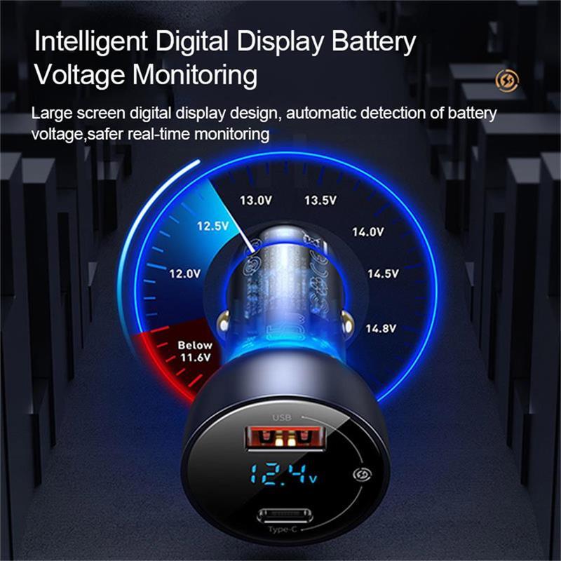 Baseus 65W Car Charger USB C 2 Port PD QC 4.0 Fast Charging - product details digital display - b.savvi