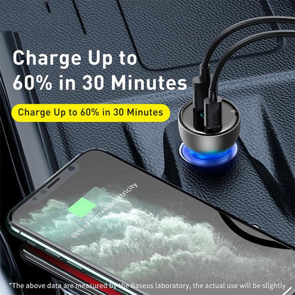Baseus 65W Car Charger USB C 2 Port PD QC 4.0 Fast Charging - product details 60 percent 30 minutes - b.savvi