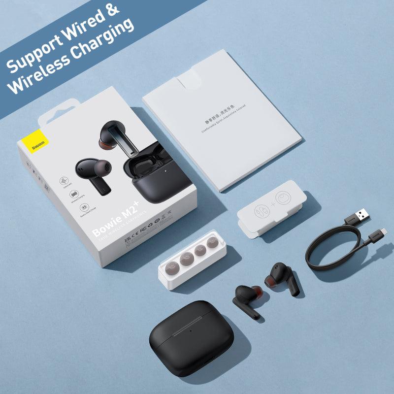 Baseus Bowie M2+ ANC Earphones Wireless Bluetooth 5.2 Active Noise Cancellation - product variant black front angled view wireless charge - b.savvi
