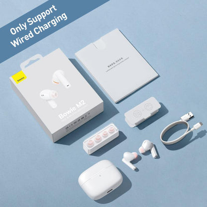 Baseus Bowie M2+ ANC Earphones Wireless Bluetooth 5.2 Active Noise Cancellation - product variant white front angled view wired charge - b.savvi