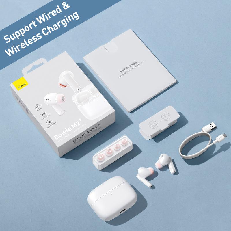 Baseus Bowie M2+ ANC Earphones Wireless Bluetooth 5.2 Active Noise Cancellation - product variant white front angled view wireless charge - b.savvi