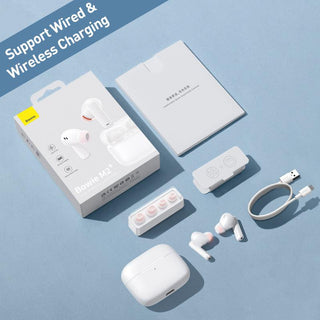 Baseus Bowie M2+ ANC Earphones Wireless Bluetooth 5.2 Active Noise Cancellation - product variant white front angled view wireless charge - b.savvi