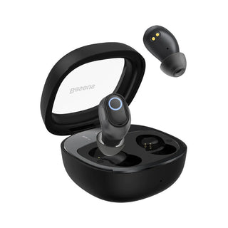 Black wireless earbuds and their open charging case on a white background, with one earbud floating above the case. The case interior shows the Basens brand name.
