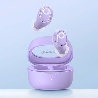 purple wireless earbuds floating above an open matching charging case on a light blue gradient background.