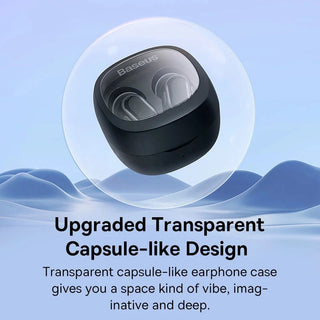 Transparent capsule-like earphone case with Baseus branding on a blue background