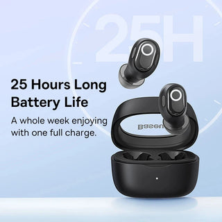 Black wireless earbuds with charging case on a light blue background, featuring text about battery life.
