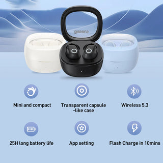 Wireless earbuds with charging case on a blue gradient background