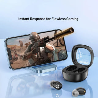 Wireless earbuds with charging case on a blue background, showing a phone playing a game.