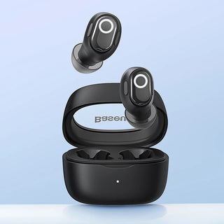 Black wireless earbuds with charging case on a light blue background