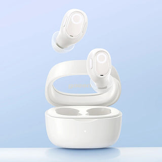 White true wireless earbuds floating above an open charging case on a light blue gradient background.