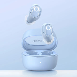 light blue wireless earbuds floating above an open matching charging case on a pale blue background.