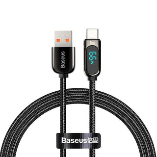 Baseus LED Display USB C Braided Cable 6A SuperCharge Data for Huawei - product main black front - b.savvi