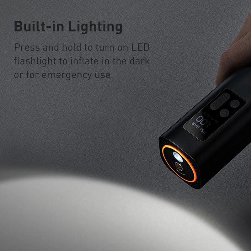 Baseus Mini Tyre Inflator Air Compressor, 150PSI Air Pump, Digital Display - product details built in lighting - b.savvi