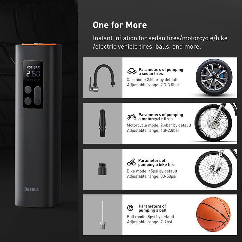 Baseus Mini Tyre Inflator Air Compressor, 150PSI Air Pump, Digital Display - product details one for more - b.savvi