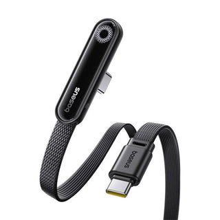 Baseus black USB-C to USB-C cable with a textured black mesh strap and a black connector, shown on a white background with a yellow Baseus logo in the top-left corner.