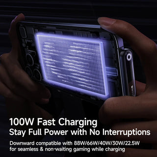 Person holding a smartphone with a glowing screen, emphasizing 100W fast charging.