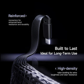 Black cable with text highlighting durability and features on a dark background