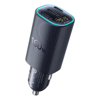 Black car charger with Baseus 160w branding on a white background